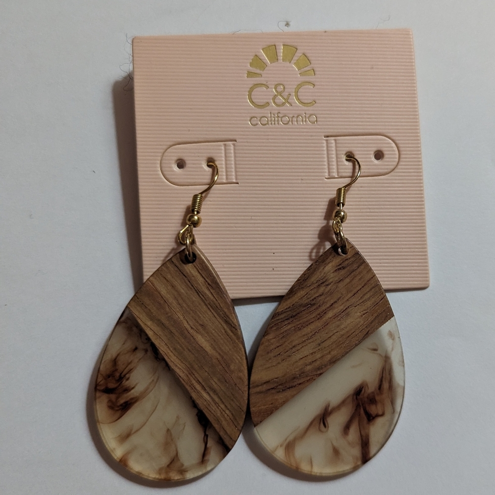 Acrylic Drop Earrings Brown, Tan, Cream, Clear and Gold